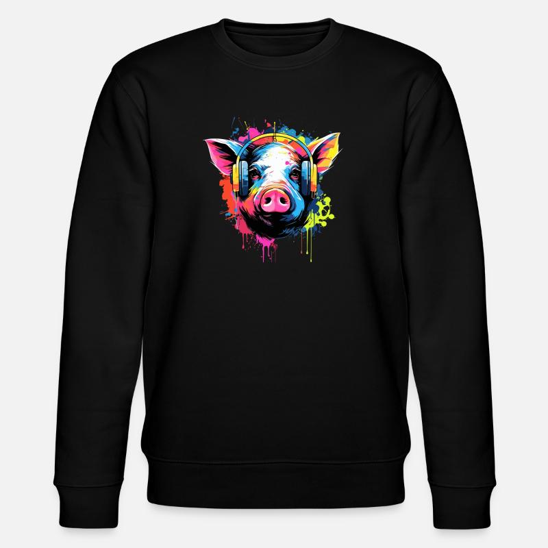 Schwein mit Kopfhörer Tiere Schweine - Stanley/Stella Unisex Bio-Sweatshirt CHANGER - Schwarz