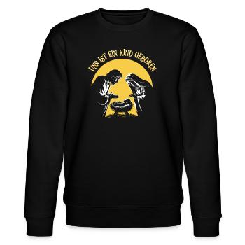 Uns ist ein Kind geboren Krippe Weihnachten Jesus - Stanley/Stella Unisex Bio-Sweatshirt CHANGER  - Schwarz - Vorne - Nik (191cm) & Marisol (170cm)