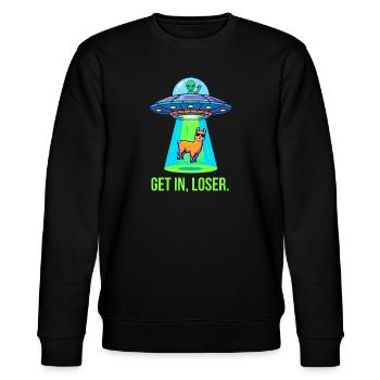 Get In Loser – lustiges Lama Alien UFO - Stanley/Stella Unisex Bio-Sweatshirt CHANGER  - Schwarz - Vorne - Nik (191cm) & Marisol (170cm)