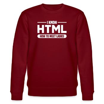 HTML Humor Code Programmierer Spruch - Stanley/Stella Unisex Bio-Sweatshirt CHANGER  - Burgunderrot - Vorne - Nik (191cm) & Marisol (170cm)