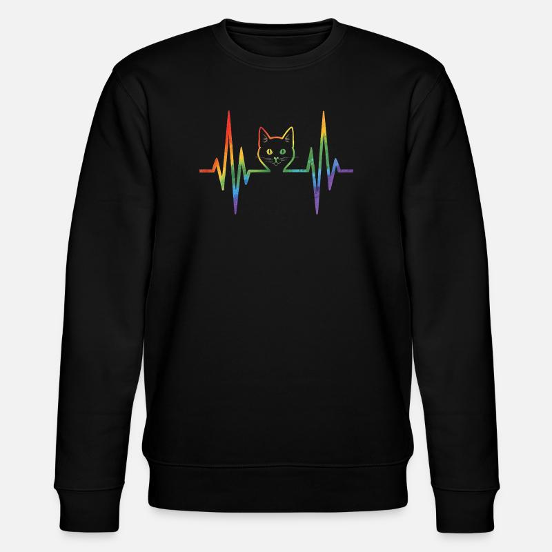 Regenbogenkatze mit Pulsherzlinie - Stanley/Stella Unisex Bio-Sweatshirt CHANGER  - Schwarz