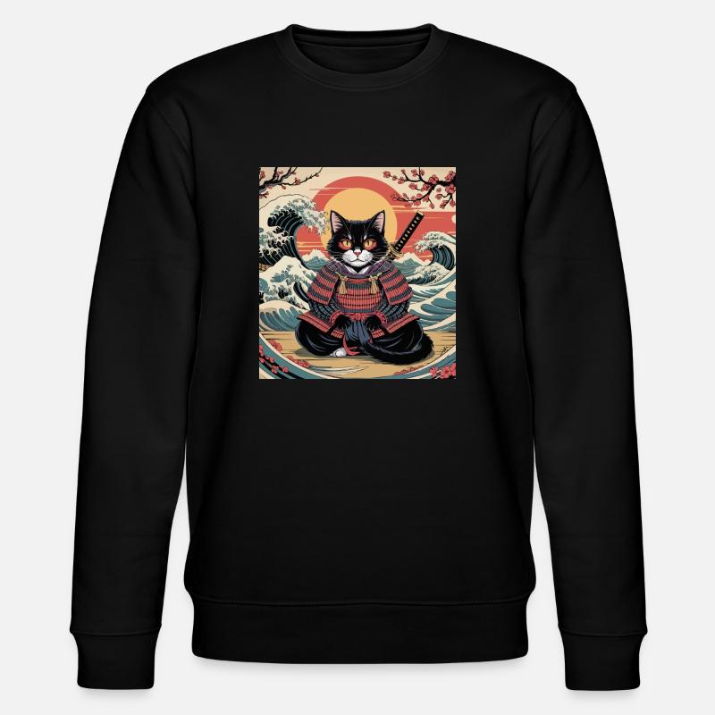 Chat samouraï avec coucher de soleil et vagues – Jap - Sweat bio CHANGER Stanley/Stella Unisexe - noir
