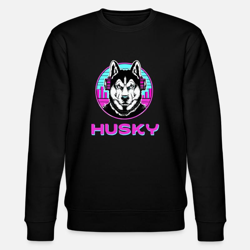 Synthwave Husky Dog Malamute - Stanley/Stella CHANGER Unisex Organic Sweatshirt - black