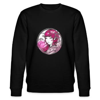 anime,asiatin,blumen,pinke haare,vintage - Stanley/Stella Unisex Bio-Sweatshirt CHANGER  - Schwarz - Vorne - Nik (191cm) & Marisol (170cm)