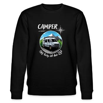 Camper-Kastenwagen Wohnmobil Spruch + Motiv - Stanley/Stella Unisex Bio-Sweatshirt CHANGER  - Schwarz - Vorne - Nik (191cm) & Marisol (170cm)