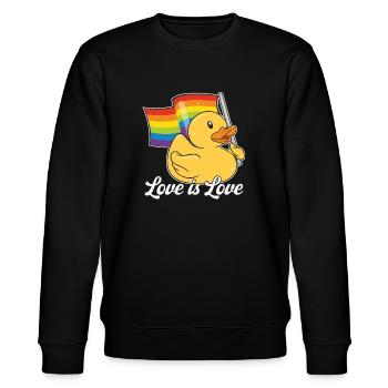 LGBTQ+ Love Is Love Pride Fahne Gummiente - Stanley/Stella Unisex Bio-Sweatshirt CHANGER  - Schwarz - Vorne - Nik (191cm) & Marisol (170cm)