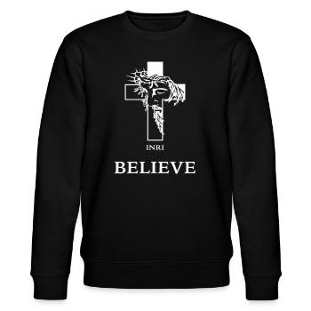 Believe – Modernes Kreuz mit Jesus - Stanley/Stella Unisex Bio-Sweatshirt CHANGER  - Schwarz - Vorne - Nik (191cm) & Marisol (170cm)