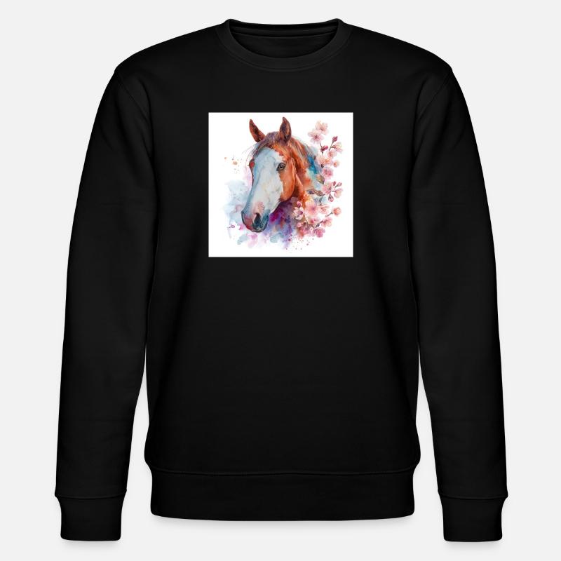 Aquarell Pferde- und Kirschblüten - Stanley/Stella Unisex Bio-Sweatshirt CHANGER  - Schwarz