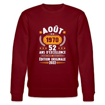 Cadeau D'anniversaire Rétro 52 Ans Août 1970 - Sweat bio CHANGER Stanley/Stella Unisexe - bordeaux - Devant - Nik (191cm) & Marisol (170cm)