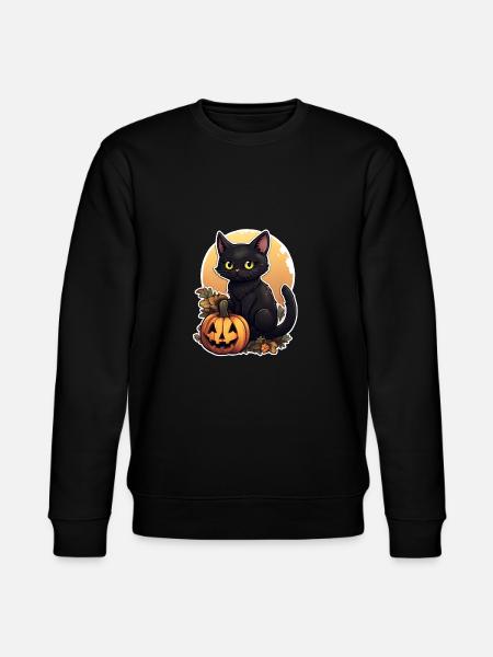 Allhelgonaafton svart katt i lövverk med pumpa - Ekologisk sweatshirt CHANGER unisex från Stanley/Stella - svart