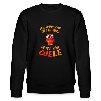 Ich spüre das Tier in mir Es ist eine Ojele - Eule - Stanley/Stella Unisex Bio-Sweatshirt CHANGER  - Schwarz - Vorne - Nik (191cm) & Marisol (170cm)
