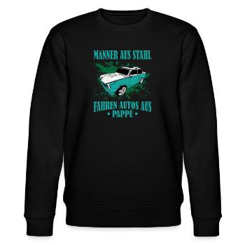 DDR Trabi Männer aus Stahl, fahren Autos aus Pappe - Stanley/Stella Unisex Bio-Sweatshirt CHANGER  - Schwarz - Vorne - Nik (191cm) & Marisol (170cm)