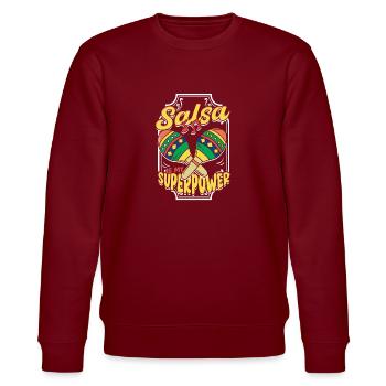 Salsa Is My Superpower Salsero Salsera - Stanley/Stella Unisex Bio-Sweatshirt CHANGER  - Burgunderrot - Vorne - Nik (191cm) & Marisol (170cm)