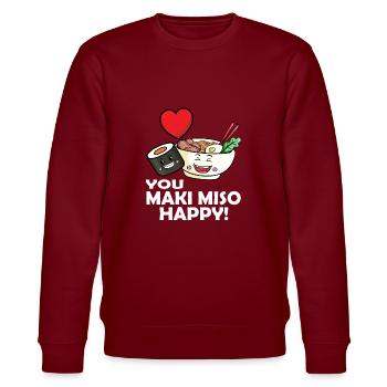 Cute Kawaii Sushi You Maki Miso Happy! Asia Food - Stanley/Stella Unisex Bio-Sweatshirt CHANGER  - Burgunderrot - Vorne - Nik (191cm) & Marisol (170cm)