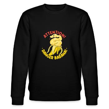 Banana Ball Python Achtung Gefährliche Banane - Stanley/Stella Unisex Bio-Sweatshirt CHANGER  - Schwarz - Vorne - Nik (191cm) & Marisol (170cm)