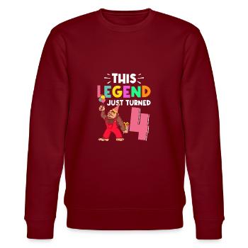 Bigfoot Party Supplies This Legend Just Turned 4 - Stanley/Stella CHANGER Unisex Organic Sweatshirt - burgundy - Front - Nik (191cm) & Marisol (170cm)