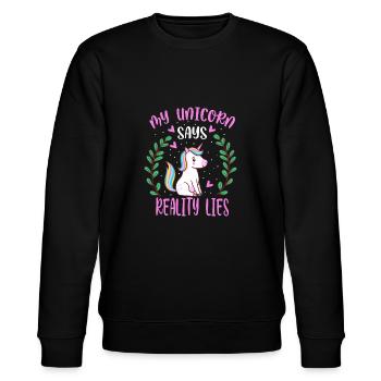 My unicorn says reality lies - Stanley/Stella Unisex Bio-Sweatshirt CHANGER  - Schwarz - Vorne - Nik (191cm) & Marisol (170cm)
