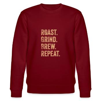Roast Grind Brew Repeat Barista - Stanley/Stella Unisex Bio-Sweatshirt CHANGER  - Burgunderrot - Vorne - Nik (191cm) & Marisol (170cm)