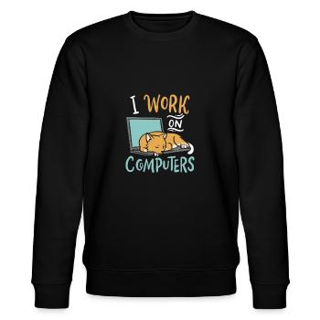 I Work on Computers Katze IT Entwickler Shirt - Stanley/Stella Unisex Bio-Sweatshirt CHANGER  - Schwarz - Vorne - Nik (191cm) & Marisol (170cm)