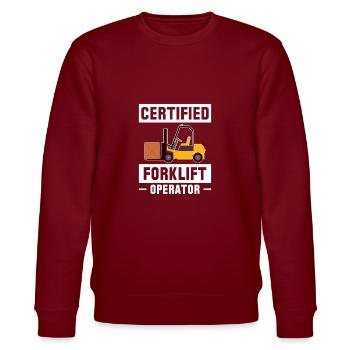 Certified Forklift Operator Shirt Gabelstapler - Stanley/Stella CHANGER Unisex Organic Sweatshirt - burgundy - Front - Nik (191cm) & Marisol (170cm)