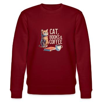 Katze Buch & Kaffee T-Shirt! Tolle Geschenkidee - Stanley/Stella Unisex Bio-Sweatshirt CHANGER  - Burgunderrot - Vorne - Nik (191cm) & Marisol (170cm)