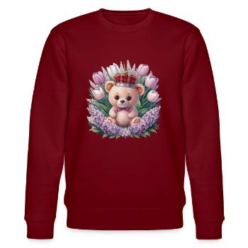 Ours en peluche kawaii avec couronne, tulipes et lilas - Sweat bio CHANGER Stanley/Stella Unisexe - bordeaux - Devant - Nik (191cm) & Marisol (170cm)