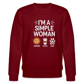 I`m a simple woman like sunshine dogs & coffee - Stanley/Stella Unisex Bio-Sweatshirt CHANGER  - Burgunderrot - Vorne - Nik (191cm) & Marisol (170cm)