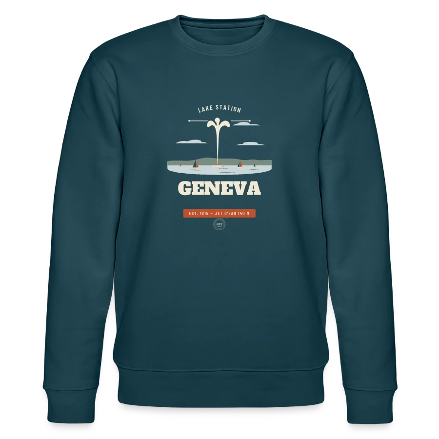 Geneva badge on a stanley/stella changer unisex organic sweatshirt, stargazer