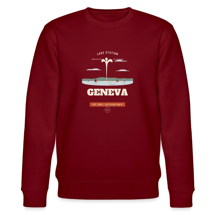 Geneva badge on a stanley/stella changer unisex organic sweatshirt, burgundy