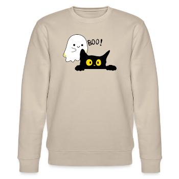 Boo - Geist erschreckt Katze - Stanley/Stella Unisex Bio-Sweatshirt CHANGER  - Beige - Vorne - Nik (191cm) & Marisol (170cm)