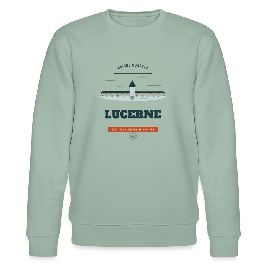 Lucerne badge on a stanley/stella changer unisex organic sweatshirt, aloe