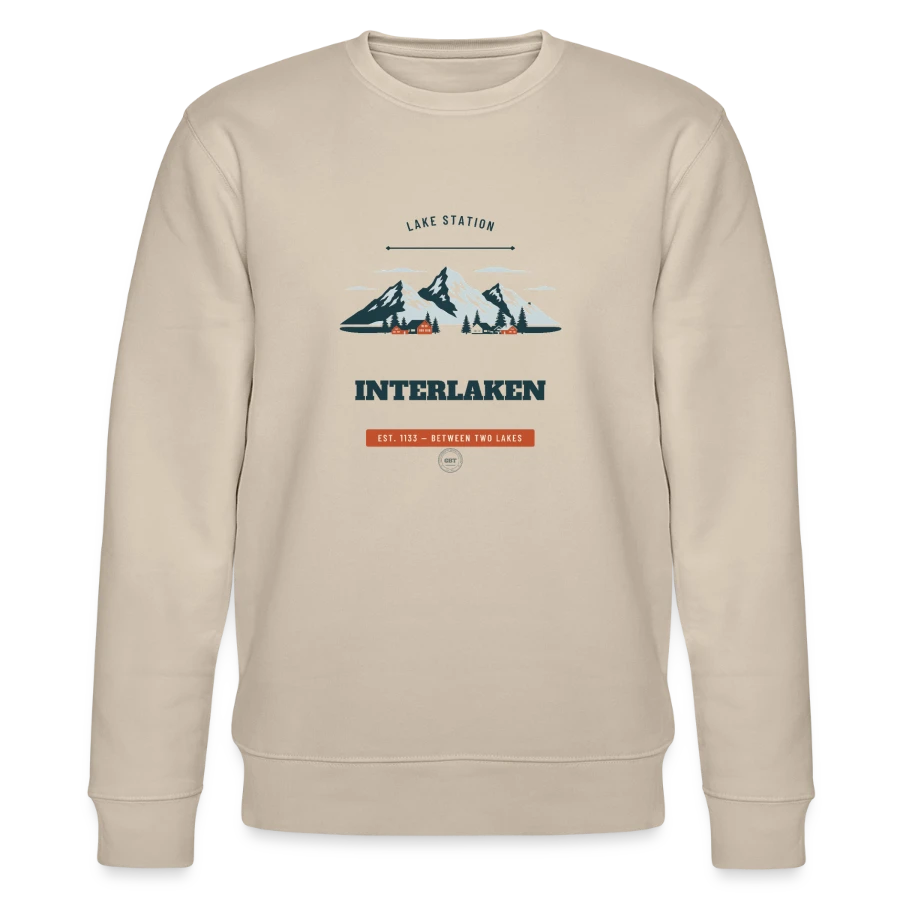 Interlaken badge on a stanley/stella changer unisex organic sweatshirt, beige