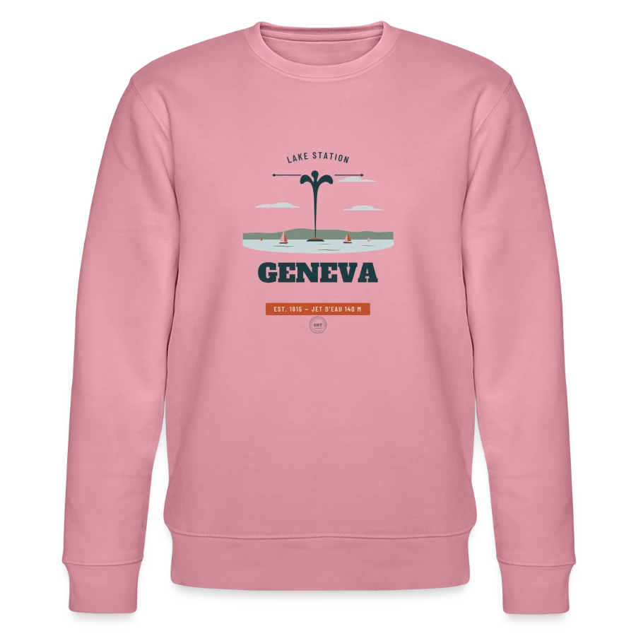 Geneva badge on a stanley/stella changer unisex organic sweatshirt, lilac dream