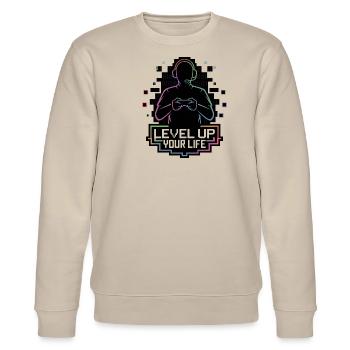 Level Up Your Life – Gamer-Silhouette - Stanley/Stella Unisex Bio-Sweatshirt CHANGER  - Beige - Vorne - Nik (191cm) & Marisol (170cm)