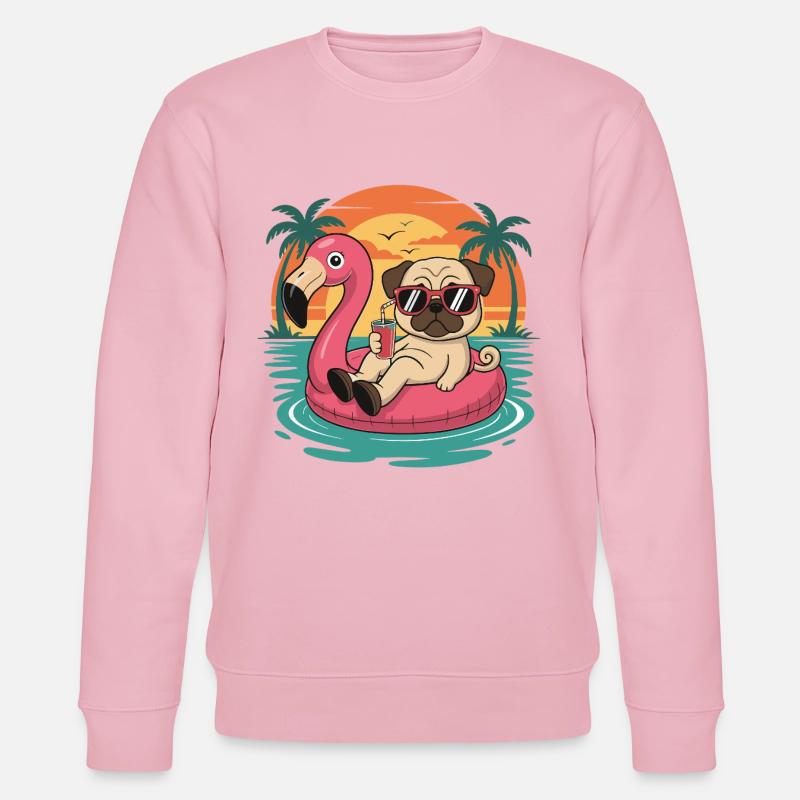Lustiger Mops tropischer Sommerflamingo-Float - Stanley/Stella Unisex Bio-Sweatshirt CHANGER  - Hellrosa
