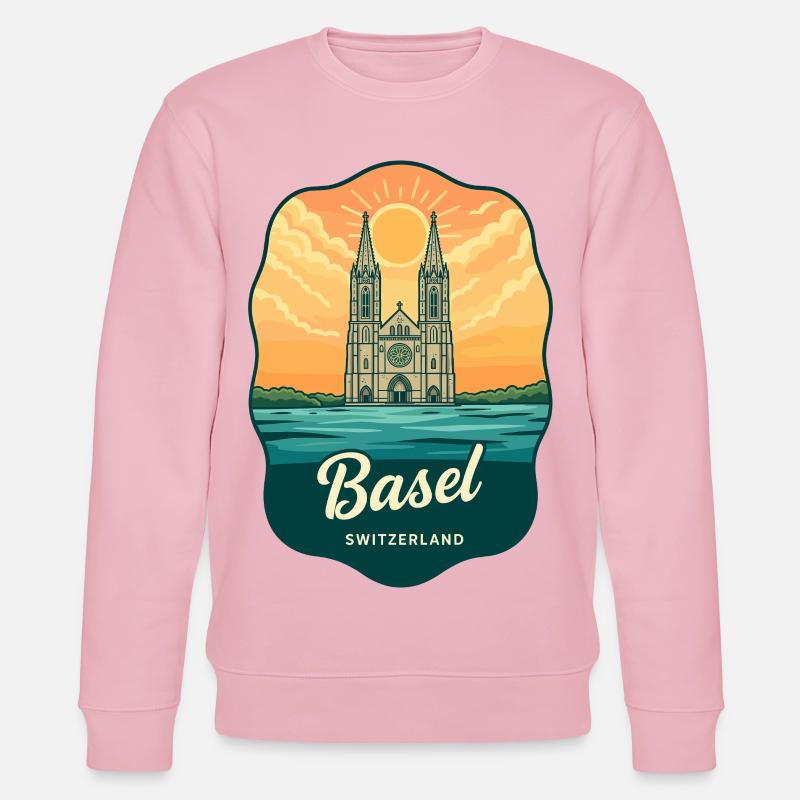 Basel Minster Retro Sonnenuntergangs-Reiseabzeichen - Stanley/Stella Unisex Bio-Sweatshirt CHANGER  - Hellrosa