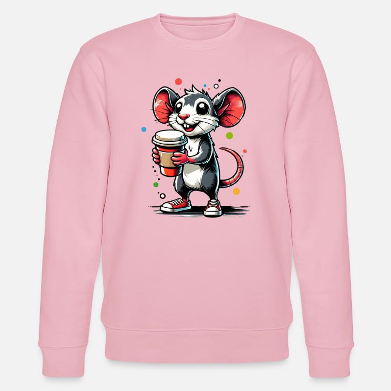 Cartoon einer fröhlichen Maus mit Kaffee - Stanley/Stella Unisex Bio-Sweatshirt CHANGER  - Hellrosa