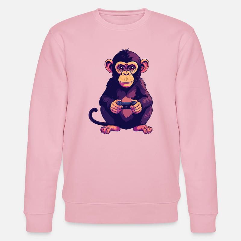 Monkey on controller playing console gaming - Stanley/Stella CHANGER Unisex Organic Sweatshirt - cotton pink