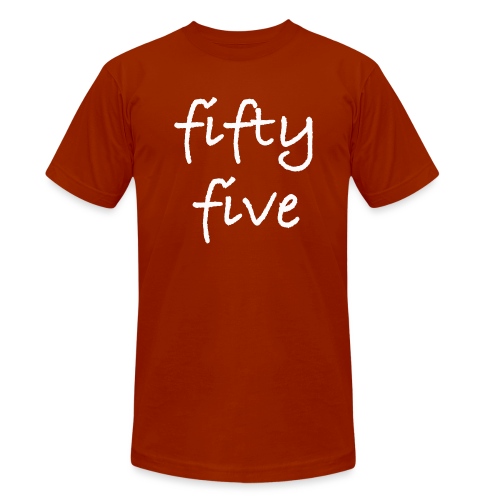 Fiftyfive -teksti valkoisena kahdessa rivissä - Bella + Canvasin unisex Tri-Blend t-paita.