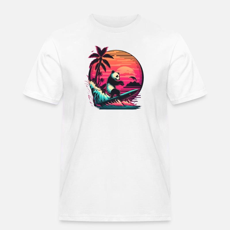 Synthwave surfing Panda Sunset - Männer Workwear T-Shirt - Weiß