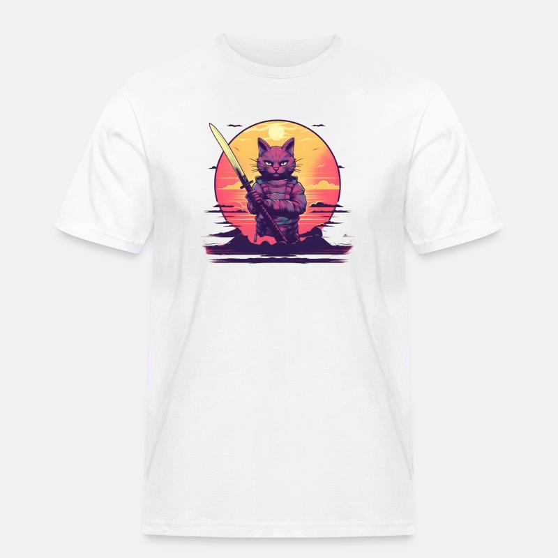Synthwave samurai Cat sunset - Männer Workwear T-Shirt - Weiß