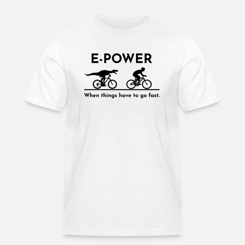 Velociraptor chasing e-biker - Männer Workwear T-Shirt - Weiß