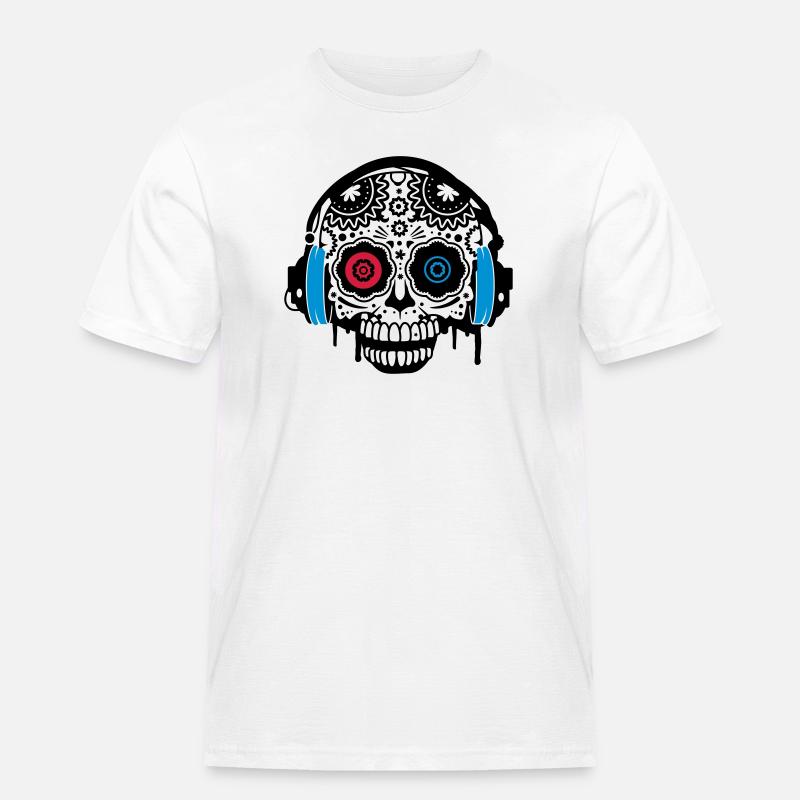 Sugar Skull mit Kopfhörer - Männer Workwear T-Shirt - Weiß