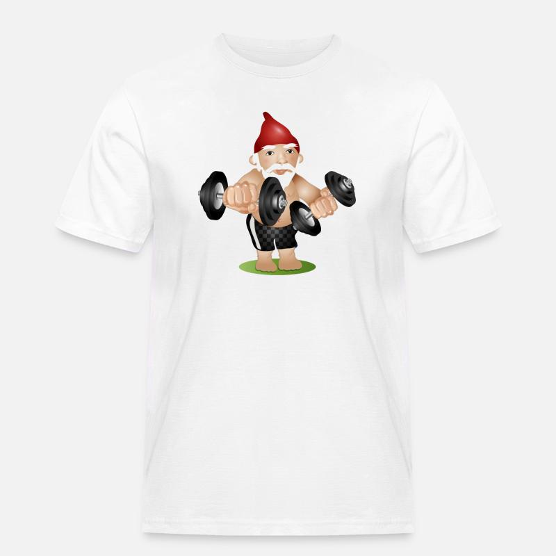 Bodybuilder Gartenzwerg mit Hanteln beim Training - Männer Workwear T-Shirt - Weiß