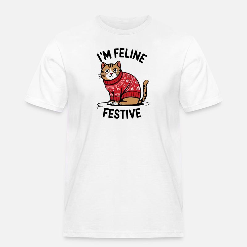 Festliche Katze mit Weihnachtspullover - Männer Workwear T-Shirt - Weiß