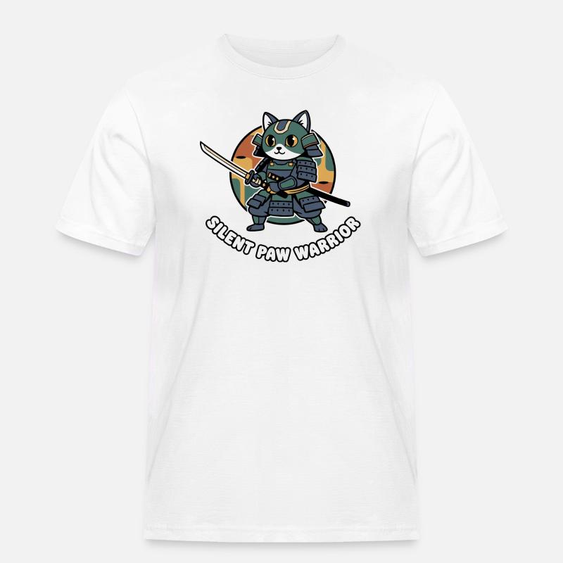 Stiller Pfoten Samurai-Krieger Katze - Männer Workwear T-Shirt - Weiß