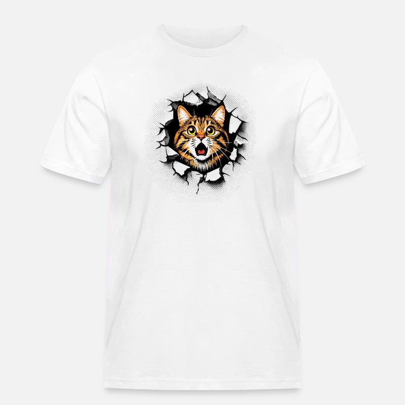 Katze Kopf Mauer Loch Risse Durchbruch - Männer Workwear T-Shirt - Weiß