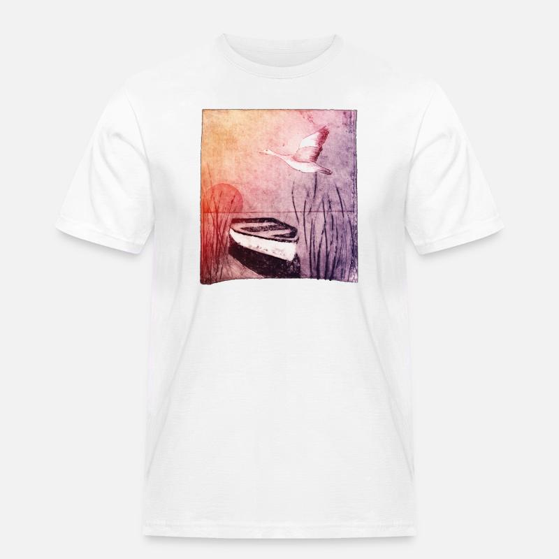 Boot am See - handgeschnitzte Druckvorlage - Männer Workwear T-Shirt - Weiß