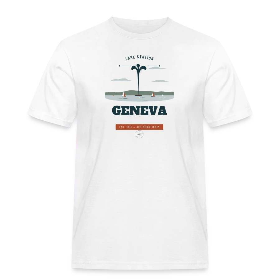 Geneva badge on a men's workwear t-shirt, white