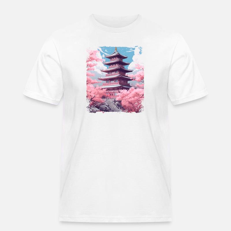 Kirschblüten-Sakura-Baum in einer Tempel-Dampfwelle - Männer Workwear T-Shirt - Weiß